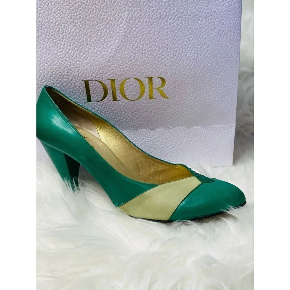🛍️ Dior (from 1953-63) Authentic Emerald Green, Cream & Gold Color-block Pumps - Picture 12 of 16